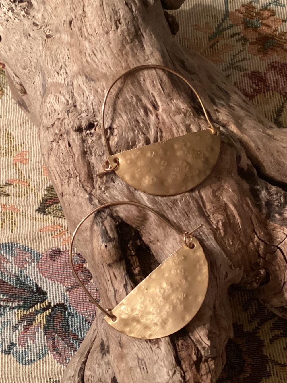 Bohemian Lightweight Hammered Brass Half Moon Hoop Earrings